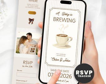 Baby Is Brewing Baby Shower Invitation Website with Online RSVP Tracker, Coffee Theme Digital Evite, Editable Canva Template