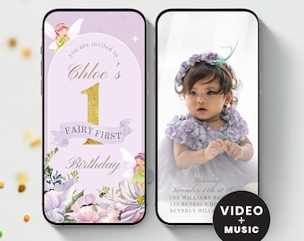 Fairy First Birthday Video Invitation with Photos, Boho Arch 1st Birthday Invite, Enchanted Garden Animated Digital Evite Template, Lavender