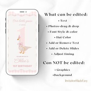 May include: A pink and white gingham patterned digital invitation for a first birthday party. The invitation features a cartoon goose wearing a pink hat and a pink bow. The text on the invitation reads "Our little goose is turning 1. You are invited to Chloe's 1st Birthday."
