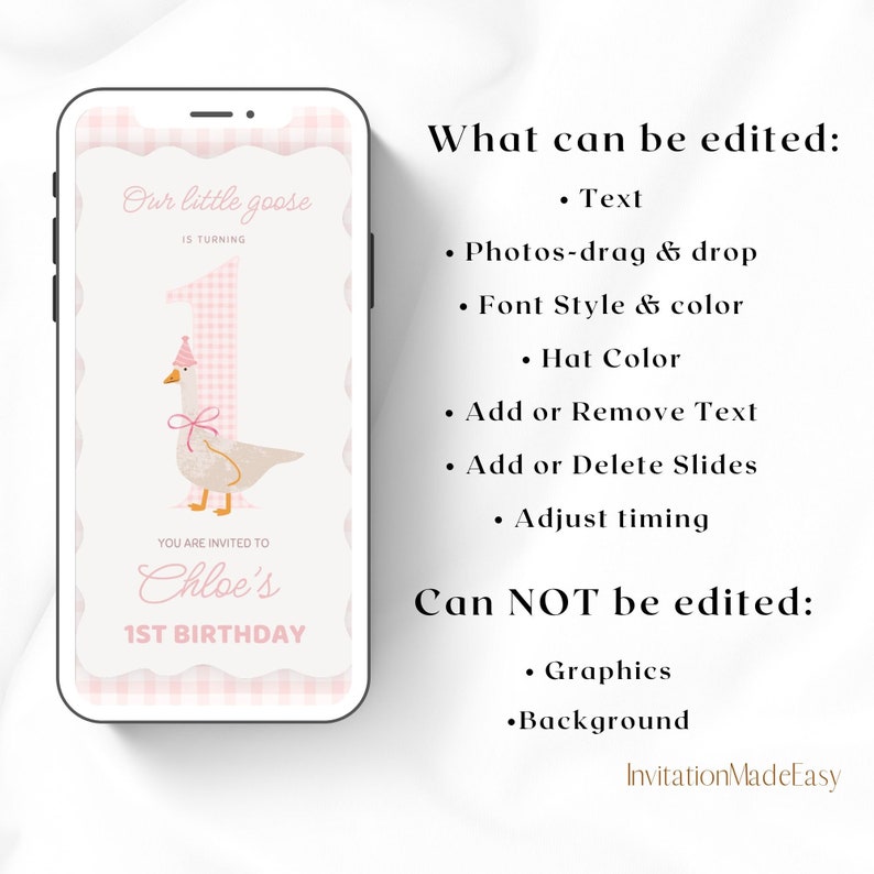 May include: A pink and white gingham patterned digital invitation for a first birthday party. The invitation features a cartoon goose wearing a pink hat and a pink bow. The text on the invitation reads "Our little goose is turning 1. You are invited to Chloe's 1st Birthday."