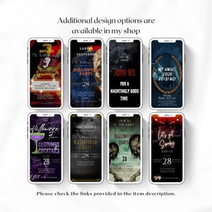 May include: Nine different Halloween party invitation designs featuring various spooky themes. The invitations are displayed on a white background. The designs include a clown, a monster, a ghost, a witch, a vampire, a zombie, a skeleton, a spider, and a bat.