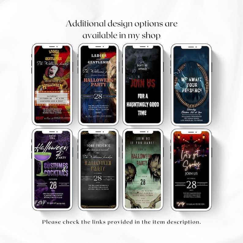 May include: Nine different Halloween party invitation designs featuring various spooky themes. The invitations are displayed on a white background. The designs include a clown, a monster, a ghost, a witch, a vampire, a zombie, a skeleton, a spider, and a bat.