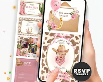 First Rodeo Birthday Invitation with Online RSVP Guest Tracker, Editable Digital Cowgirl Invite Template, Pink Western Text Message Evite