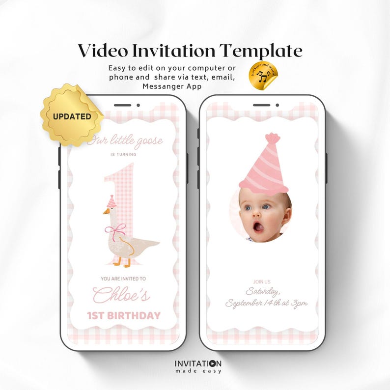 May include: A pink and white digital video invitation template for a first birthday party. The template features a cartoon goose wearing a party hat and the text "Our little goose is turning 1". The invitation also includes the text "You are invited to Chloe's 1st Birthday" and "Join us Saturday, September 14th at 3pm".
