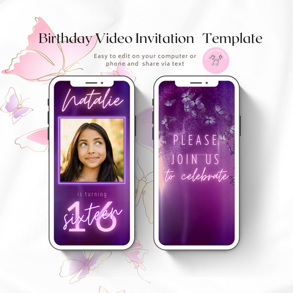 Butterfly 16th Birthday Video Invitation, Photo Sweet Sixteen Invite, Neon Invite, Quince Invitation, CanvaTemplate, Instant Download