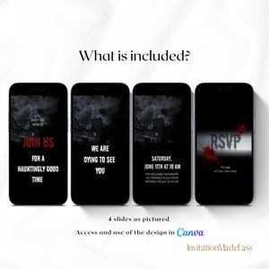 May include: Four digital slides for a Halloween party invitation. The slides feature a spooky house with a dark background and red dripping text. The text on the slides reads "Don't be afraid, Join us for a hauntingly good time", "We are dying to see you", "Saturday, June 11th at 10 am, The Williams Residence, 123 Beverly Hills Blvd, Beverly Hills, CA 90036", and "RSVP to Sam at 566-566-55666".