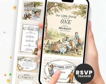 Classic Winnie the Pooh First Birthday Invitation, Little Hunny Website Invite with Online RSVP, Editable Digital Template
