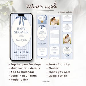 May include: A digital baby shower invitation displayed on a smartphone screen, featuring a blue and white striped background. The invitation includes the text "Baby Shower" and event details. Additional website pages are shown, including RSVP and thank you notes.