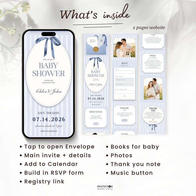 May include: A digital baby shower invitation displayed on a smartphone screen, featuring a blue and white striped background. The invitation includes the text "Baby Shower" and event details. Additional website pages are shown, including RSVP and thank you notes.