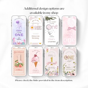May include: A collection of ten digital printable invitations for a first birthday party. The invitations feature various themes, including a jellyfish, a peach, an ice cream cone, a fairy, and a balloon. The invitations are all pink and white with gold accents.