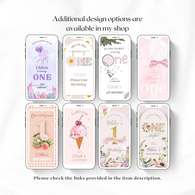 May include: A collection of ten digital printable invitations for a first birthday party. The invitations feature various themes, including a jellyfish, a peach, an ice cream cone, a fairy, and a balloon. The invitations are all pink and white with gold accents.