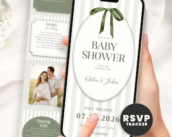 May include: A smartphone displays a baby shower invitation with a green bow and text. The invitation reads "Baby Shower" and includes the names Chloe & John, with a save-the-date of July 1, 2026. A separate card includes a photo of a couple.