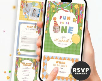 It's Fun To Be One First Birthday Boy Invitation Website, Colorful One is Fun Digital Evite with Online RSVP, Editable Canva Template