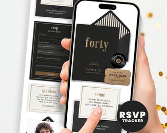 40th Birthday Invitation for Men, Black and Gold Digital Evite, Website Invite with RSVP Guest Tracker, Editable Canva Template