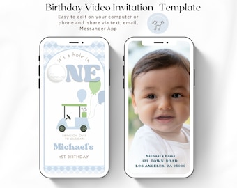 Hole In One First Birthday Boy Golf Party Video Invitation, 1st Birthday Par-tee Animated Digital Invite, Canva Editable Evite Template