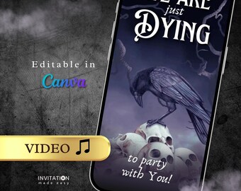 Animated Halloween Party Invitation: Gothic Raven, Skulls Evite (Canva Template, Digital Download