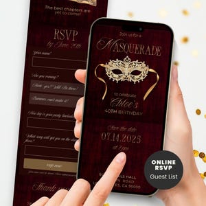 May include: A digital invitation displayed on a smartphone screen featuring a dark red wood grain background, a gold filigree masquerade mask, and text reading Masquerade to celebrate Chloe's 40th birthday, 07.14.2025 at 7 pm, and an online RSVP guest list.