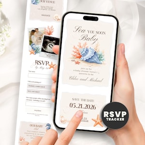 May include: A smartphone displays a baby shower invitation with a seashell and coral design. The invitation reads "Sea You Soon Baby" and includes the names Chloe and Michael. A separate RSVP card and baby registry details are also visible.