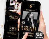 Commencement Web Invite with RSVP Guest Tracker, Black & Gold Graduation Ceremony + Party, Editable Canva Website, Text Message Evite