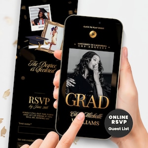 Puede incluir: Anuncio de graduación negro y dorado con una foto de una graduada. El anuncio incluye el texto "GRAD" y "University of California Los Angeles". El formulario de confirmación de asistencia también es visible.