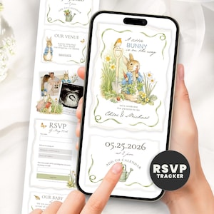 Peut inclure: Un smartphone affiche une invitation à une baby shower avec une illustration de Pierre Lapin. L'invitation comprend le texte "A little bunny is on the way" et les détails RSVP. La date est le 25 mai 2026.