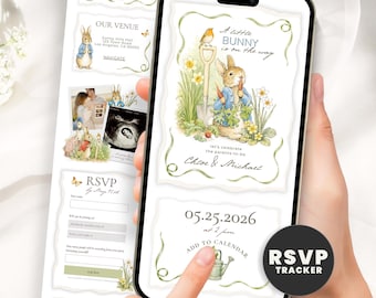 Peter Rabbit Baby Shower Invitation Website, Storybook Evite with Online RSVP & Guest Tracker, Little Bunny On The Way Canva Template