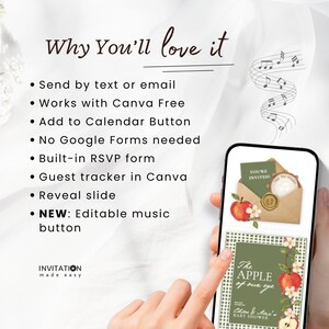Peut inclure: Un mod&egrave;le d'invitation num&eacute;rique affich&eacute; sur un &eacute;cran de smartphone avec un th&egrave;me de pomme et le texte The APPLE of our eye. L'interface comprend une enveloppe avec un sceau de cire et des notes de musique. La liste met en avant la compatibilit&eacute; Canva, les formulaires RSVP et un bouton musical modifiable.