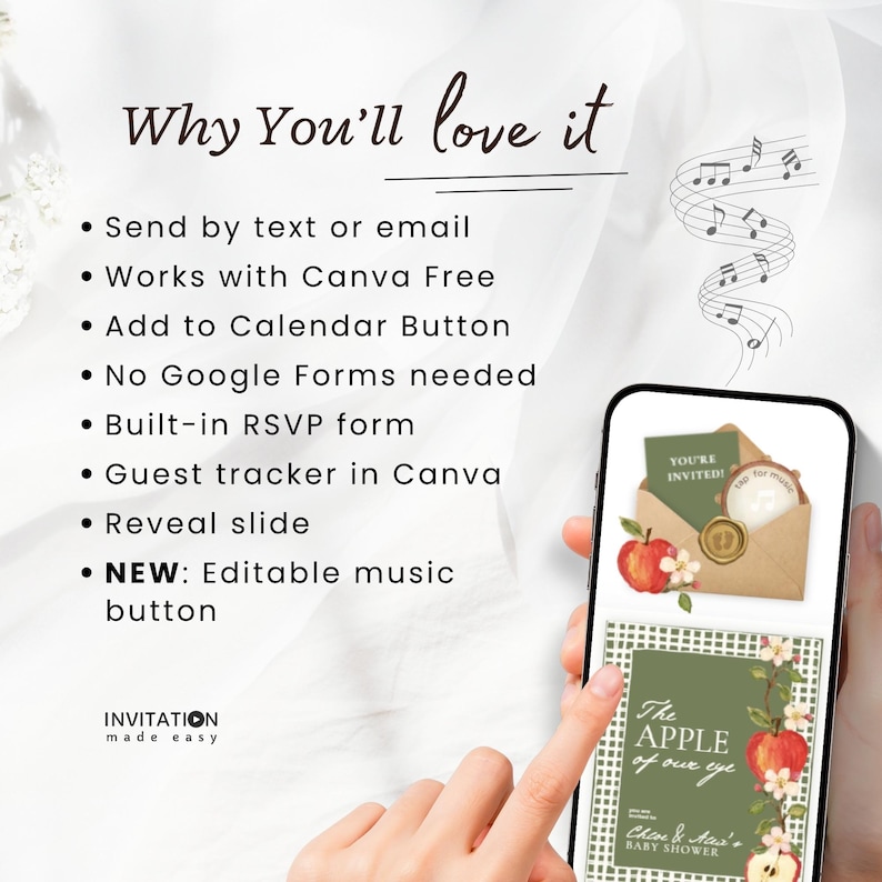 Peut inclure: Un mod&egrave;le d'invitation num&eacute;rique affich&eacute; sur un &eacute;cran de smartphone avec un th&egrave;me de pomme et le texte The APPLE of our eye. L'interface comprend une enveloppe avec un sceau de cire et des notes de musique. La liste met en avant la compatibilit&eacute; Canva, les formulaires RSVP et un bouton musical modifiable.