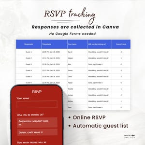 May include: An image showcasing RSVP tracking with responses collected in Canva. A smartphone displays an online RSVP form, while a table lists guest responses, including names, timestamps, and guest counts. The text reads "Online RSVP" and "Automatic guest list."