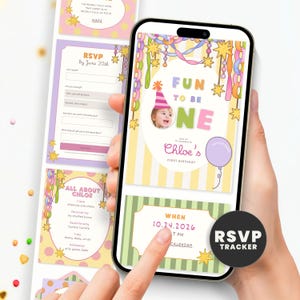 May include: A digital invitation template for a first birthday party displayed on a smartphone screen. The design features pastel yellow stripes, colorful hanging decorations, stars, and the text Fun to be One. It includes a photo of a child in a party hat.