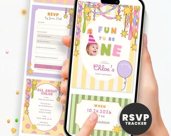 It's Fun To Be One First Birthday Girl Invitation Website, Colorful One is Fun Digital Evite with Online RSVP, Editable Canva Template