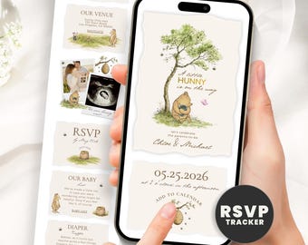Winnie The Pooh Baby Shower Invitation Website, Classic Pooh Storybook Evite with Online RSVP & Guest Tracker, Editable Canva Template