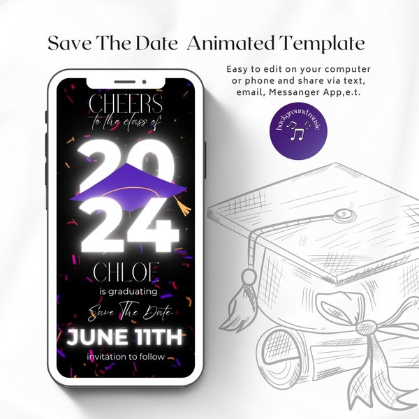 Save The Date For Graduation Party Animated Canva Template, Grad Announcement, Graduation Invite, Grad Party Evite,  Instant Download