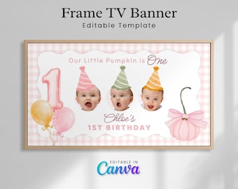 Our Little Pumpkin Frame TV Banner, Editable Birthday TV Display,  Pink Bow Pumpkin 1st Birthday Girl Fall Party Decor Canva Template