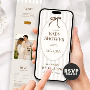 May include: A smartphone screen shows a baby shower invitation with a brown bow and text. The invitation includes the words "BABY SHOWER," "Chloe & John," and the date "07.14.2026." An RSVP card is also visible.
