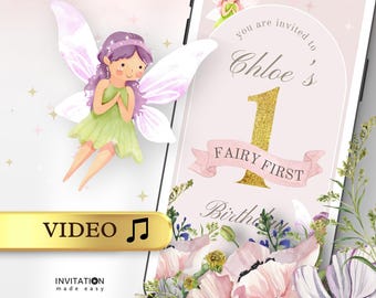 Fairy First Birthday Video Invitation with Photos, Boho Arch 1st Birthday Invite, Enchanted Garden Animated Digital Invite,  Evite Template