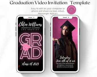 Graduation Video Invitation, Animated Grad Announcement, Neon Graduation Invite Confetti Grad Party Evite Editable Template Instant Download