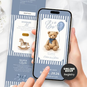 May include: A baby shower invitation and RSVP card with a blue and white striped design. The invitation on the phone screen says "It's a Boy!" with a teddy bear and balloon illustration. The RSVP card includes a diaper raffle.