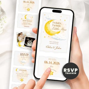 May include: A smartphone displays a baby shower invitation with the text "Twinkle, Twinkle Little Star." The design includes a yellow crescent moon, stars, and clouds. Additional cards show venue details, RSVP information, and baby photos.