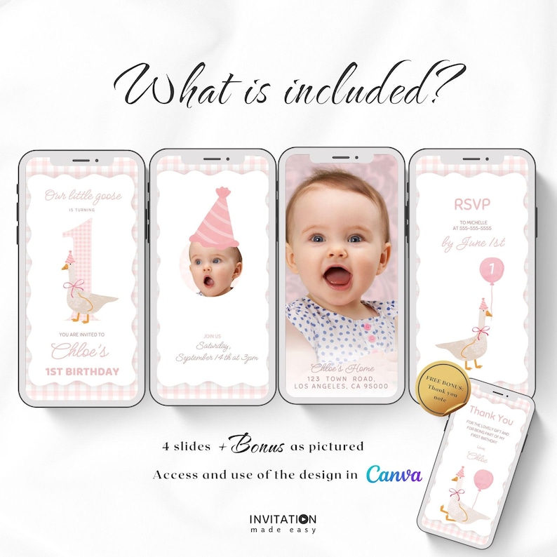 May include: A digital invitation template for a first birthday party with a pink and white gingham pattern. The template features a cartoon goose with a pink balloon and the text "Our little goose is turning 1". The template also includes a photo placeholder and a text box for the party details.