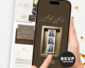 40th Birthday Photo Invitation for Women, Elegant Brown Gold Digital Bday Invite with RSVP Guest Tracker, Editable Website Template