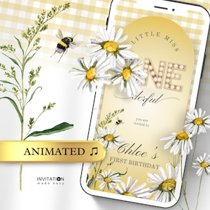 First Birthday Video Invitation Wild ONE, Little Miss Onederful, Wildflowers, Daisy 1st Birthday, Garden Party  Animated Digital Invite