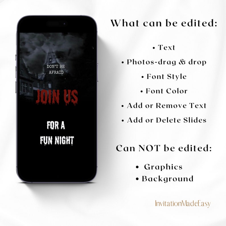 May include: A digital invitation template for a Halloween party with a spooky haunted house graphic and the text "Don't be afraid. Join us for a fun night."