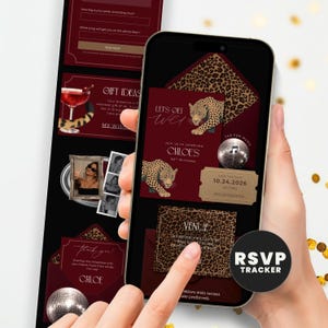 Könnte beinhalten: Eine digitale mobile Einladungsvorlage mit dunkelburgunderfarbenem Hintergrund und Leopardenmuster-Akzenten. Das Design enthält den Text Let's Get Wild, Chloe's 30th Birthday und ein Datum für den 24.10.2026. Es zeigt eine Discokugel, einen Cocktail und Veranstaltungsdetails.