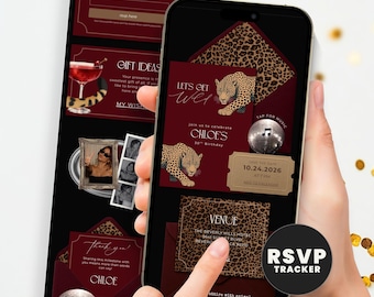 Cheetah Print Birthday Invitation with RSVP Guest Tracker, Leopard Digital Evite Any Age, Burgundy Disco Website Template