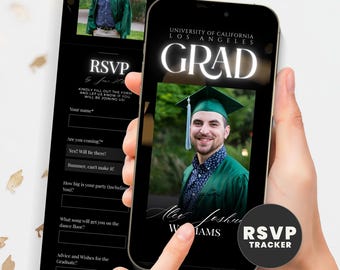 Strona internetowa z zaproszeniem na ukończenie szkoły: interaktywna funkcja RSVP, śledzenie gości, szablon Canva (do pobrania w wersji cyfrowej)