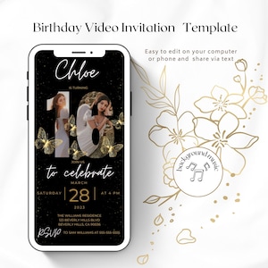 16th Birthday Video Invitation, Sweet Sixteen Photo Invite, Editable Template, Black and Gold Butterfly Sixteenth Birthday Party Evite