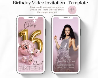 16th Birthday Video Invitation, Disco Sweet Sixteen Invite, Pink Disco Ball Birthday Invite, Sweet 16 Party Evite, Editable Template