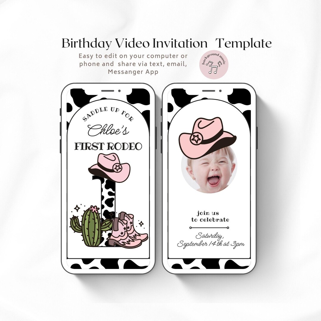 First Rodeo 1st Birthday Video Invitation With Photos, Cowgirl First ...