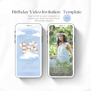 16th Birthday Video Invitation, Sweet Sixteen Invite,  Cloud Birthday Invite, Sweet 16 Party Evite, Editable Template, Instant Download